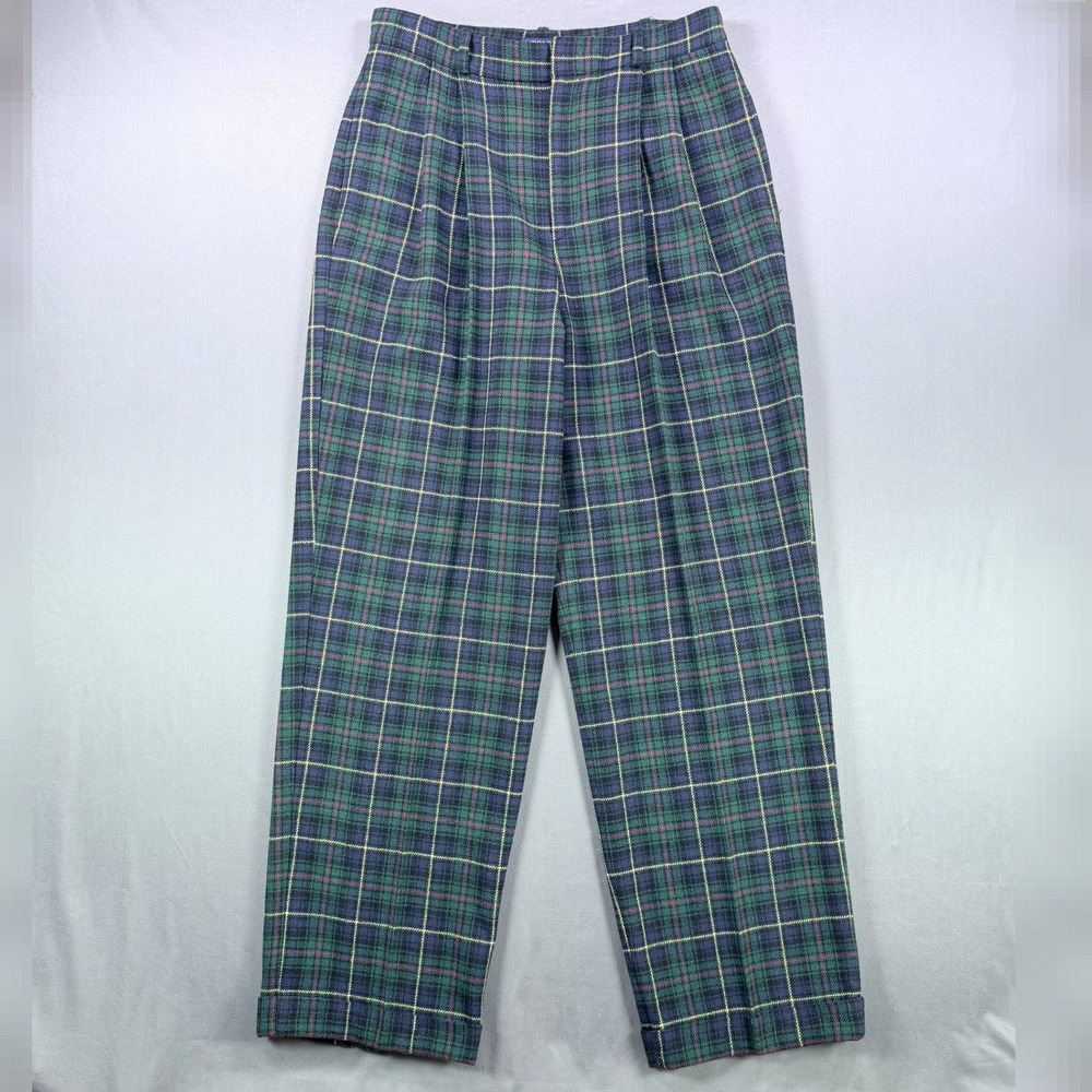 Polo Ralph Lauren Womens 8 Green Plaid 100% Wool Pleated Cuffed Trousers Pants